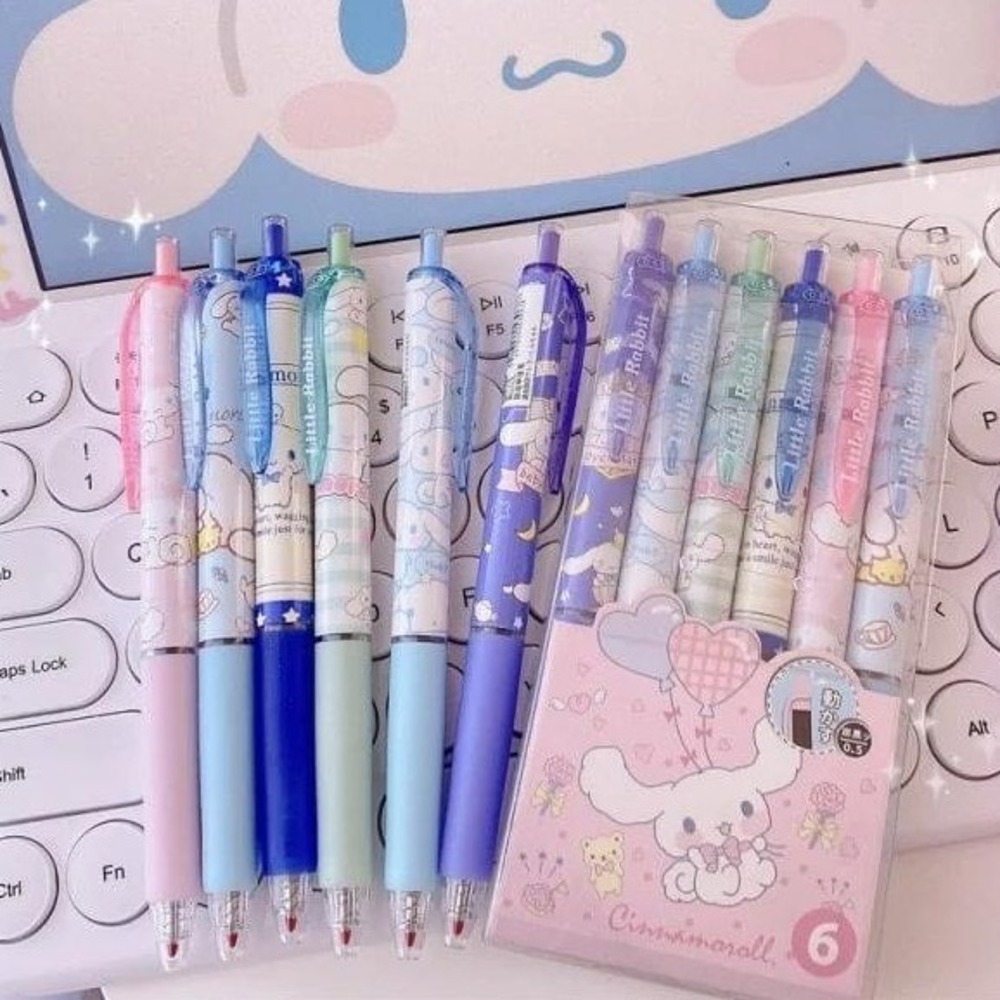 Sanrio Cinnamoroll 6 Piece Retractable Gel Pen Set 0.5mm Black Ink Kawaii Pastel